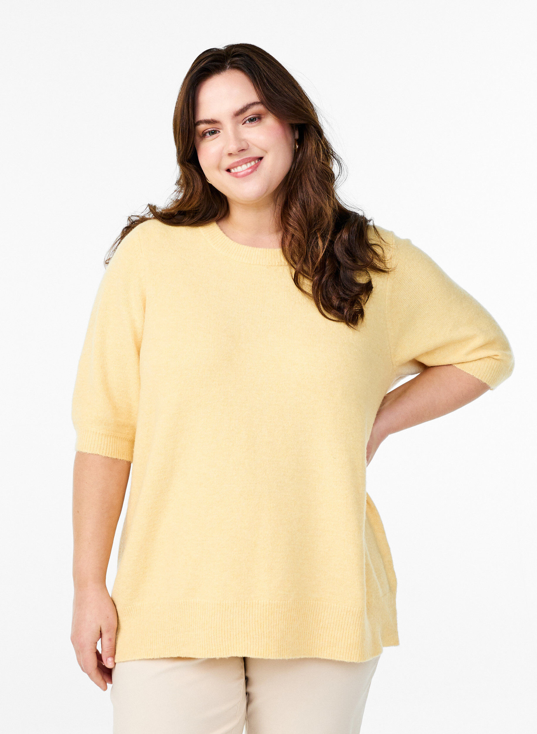 Zizzi Strikket bluse med korte ermer, Gul, Model image number 0