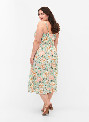 Blomstrete kjole med stropper i viskose med smock, Green Flower, Model image number 1