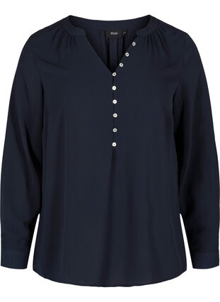 Bluse med V-hals og knappedetaljer, Navy Blazer, Packshot image number 0