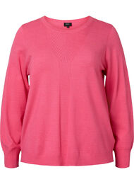 Ensfarget strikkegenser med ribbedetaljer, Hot Pink Mel.
