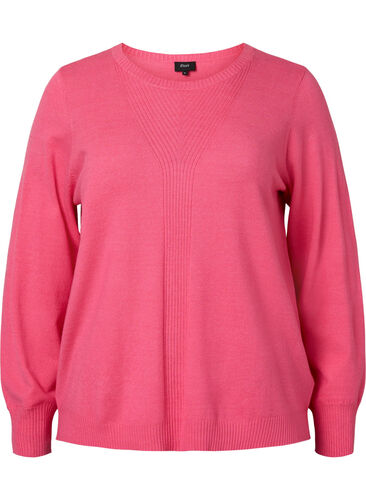 Ensfarget strikkegenser med ribbedetaljer, Hot Pink Mel., Packshot image number 0