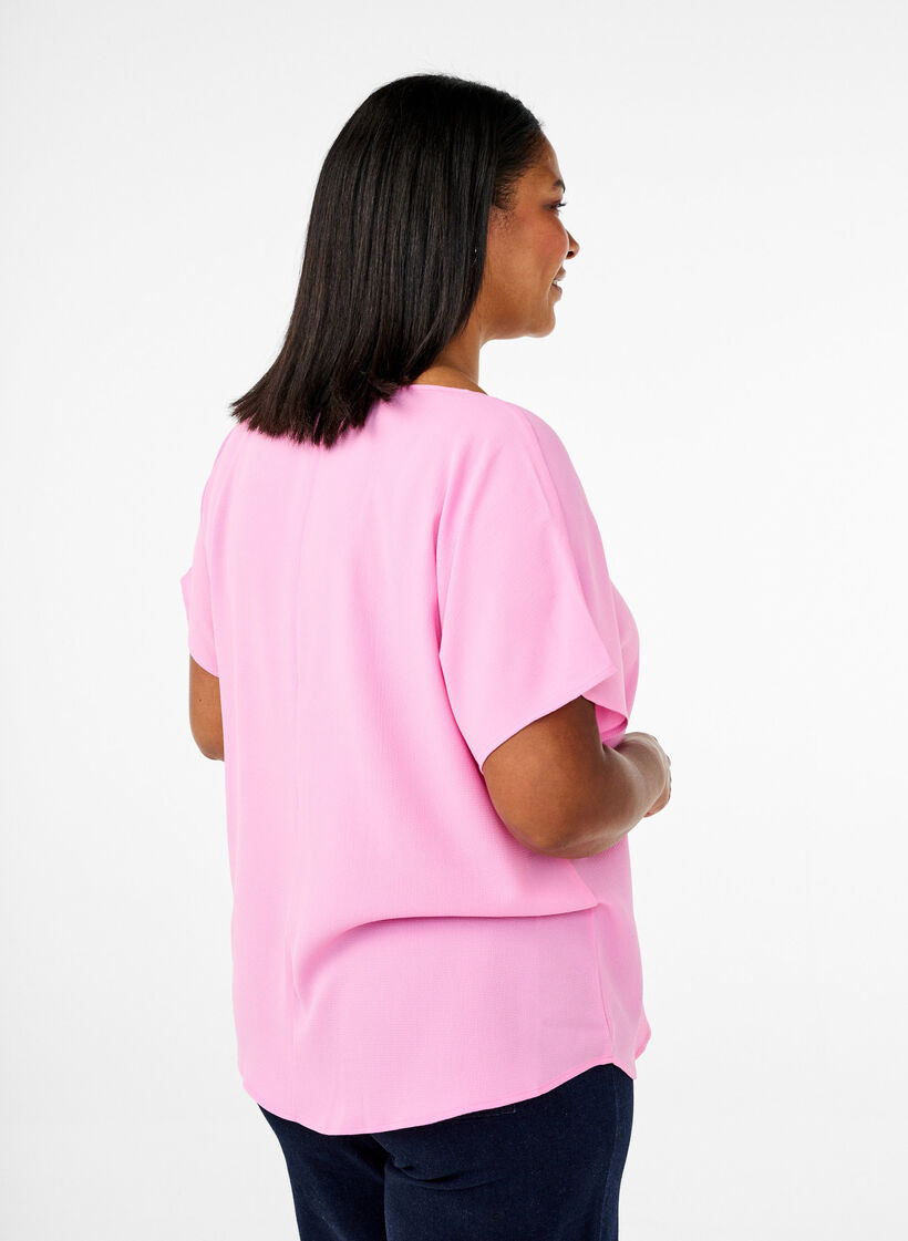 Bluse med korte ermer og rund hals, Rosa, Model image number 2