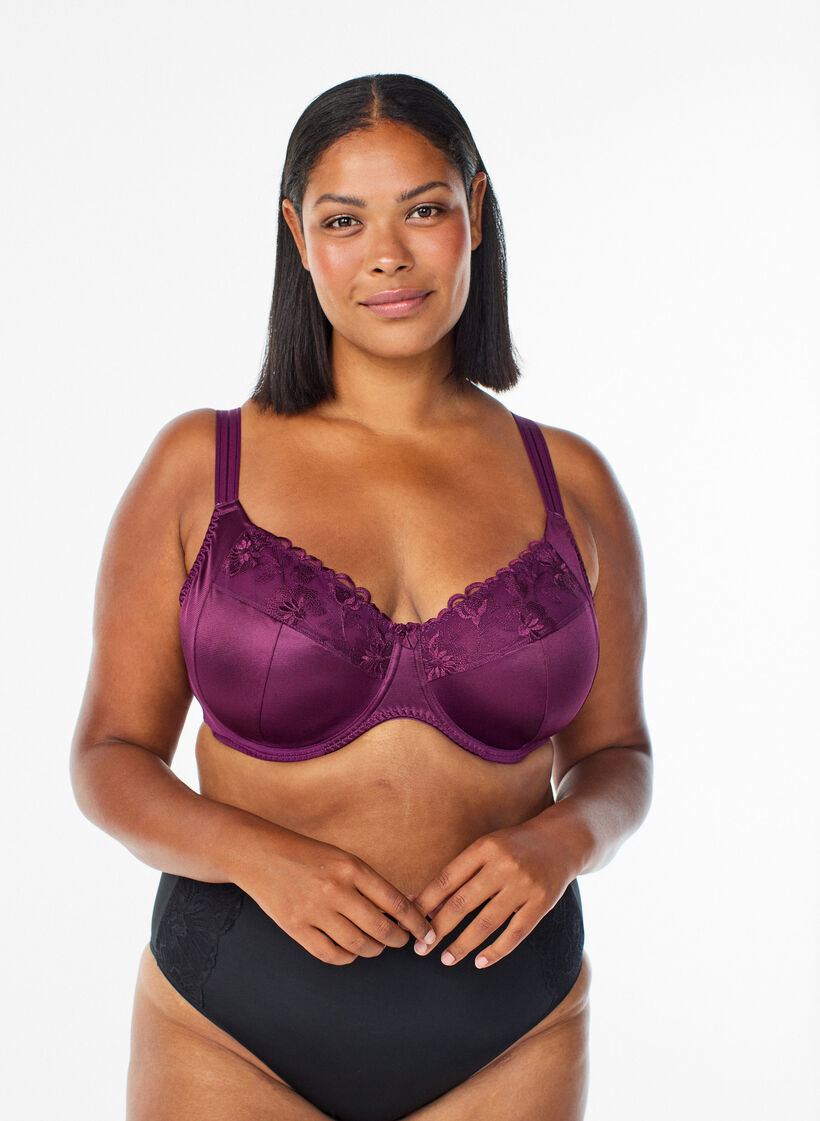 Heldekkende BH med høy støtte og blonder detaljer, Lilla, Model image number 3