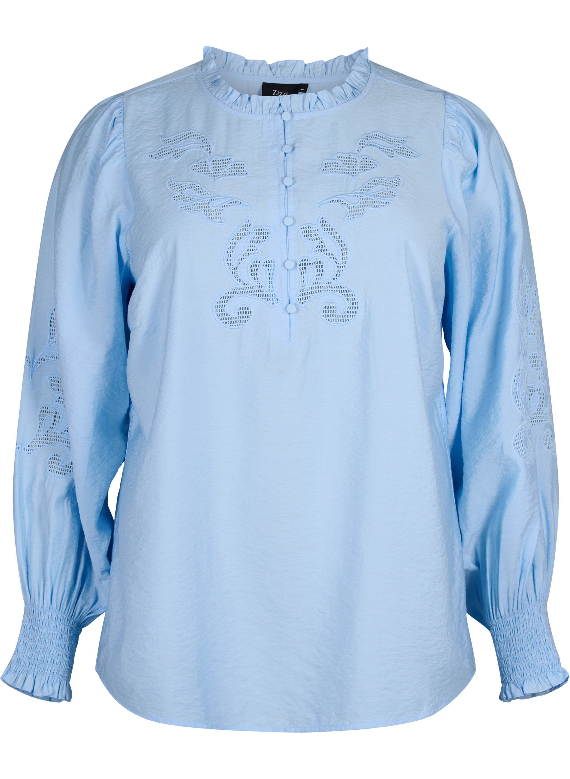 Zizzi Bluse med volanger og broderi anglaise, Chambray Blue, Packshot image number 0