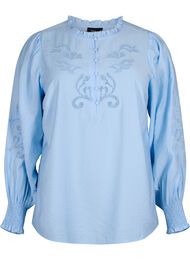 Bluse med volanger og broderi anglaise, Chambray Blue