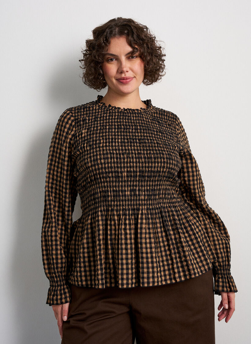 Rutete bluse med smocking og peplum, Brun, Model image number 0