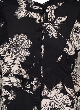Blomstrete skjorte i viskose med volanger, Black White AOP, Packshot image number 2