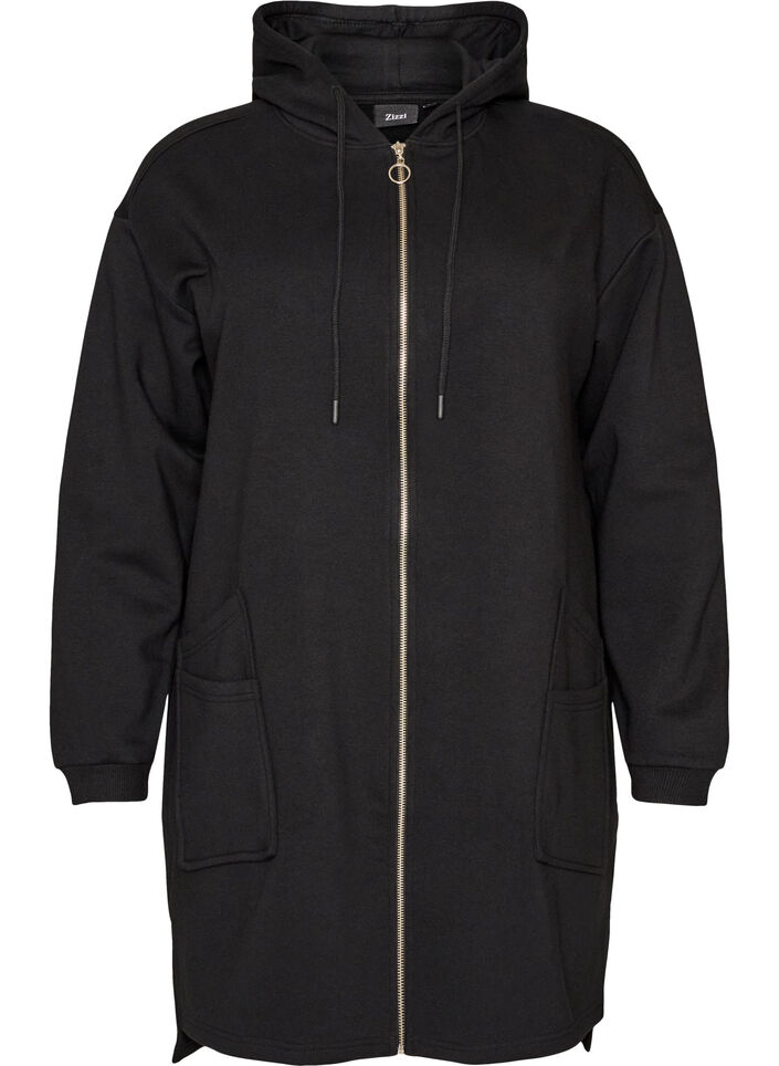 Lang hettegenser-cardigan med glidel&aring;s, Svart, Packshot image number 0