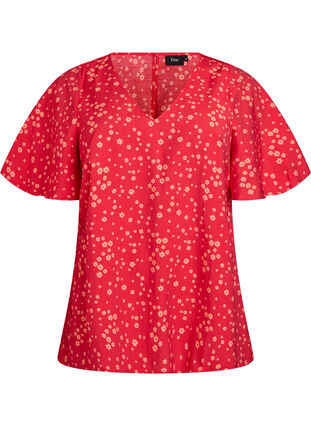 Zizzi Blomstret bluse med flaggermusermer, Rød, Packshot image number 0