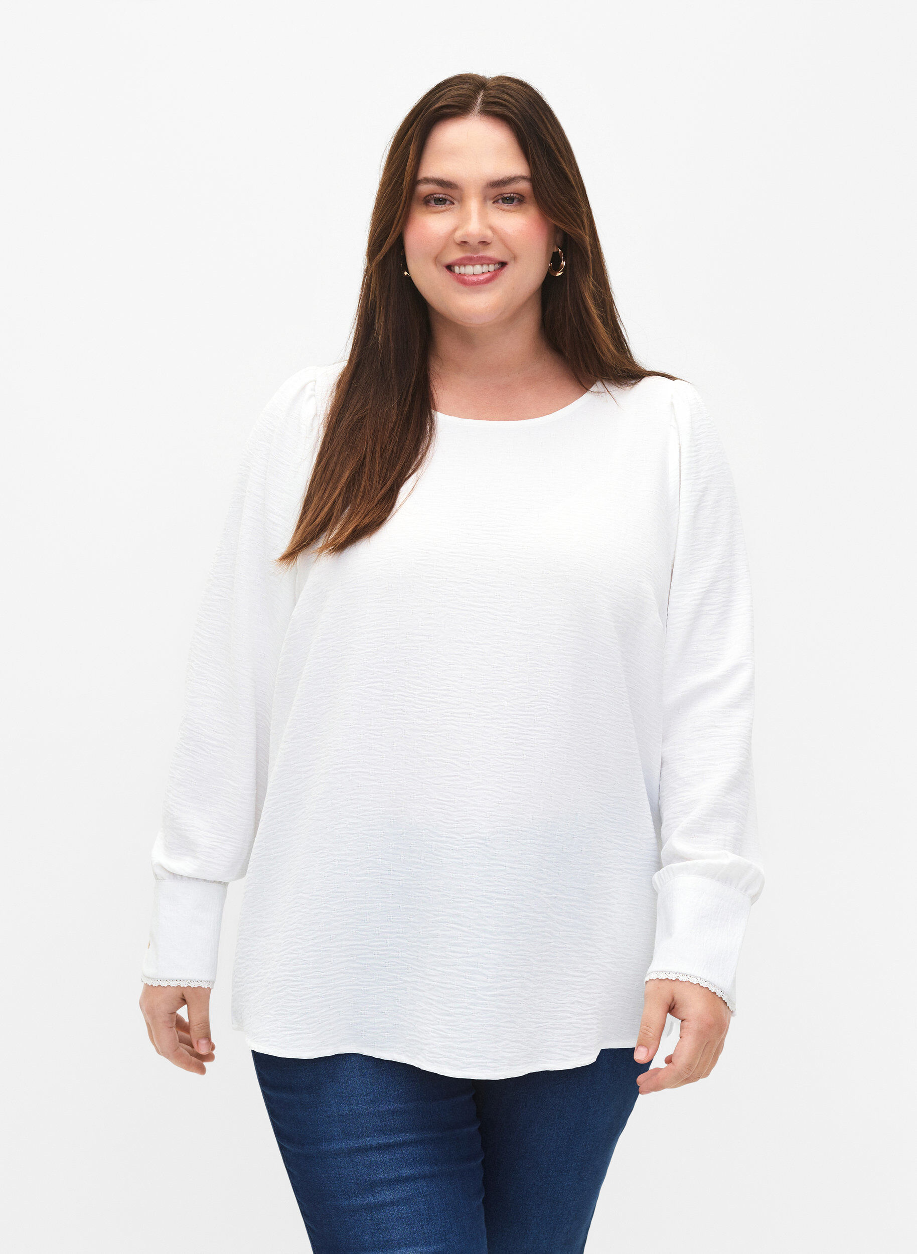 Zizzi Langermet bluse med tekstur, Bright White, Model image number 0