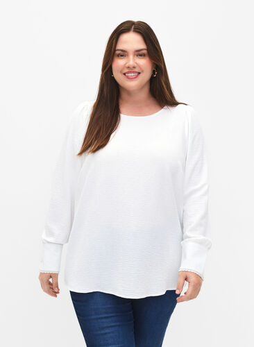 Langermet bluse med tekstur, Bright White, Model image number 0