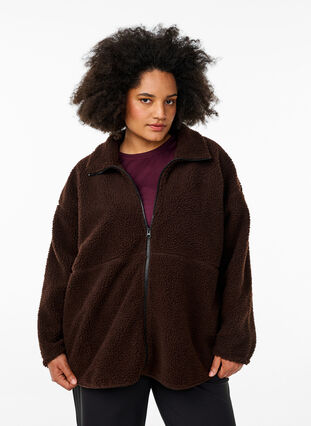 Zizzi Sporty teddyfleecejakke med glidelås, Hot Fudge, Model image number 0