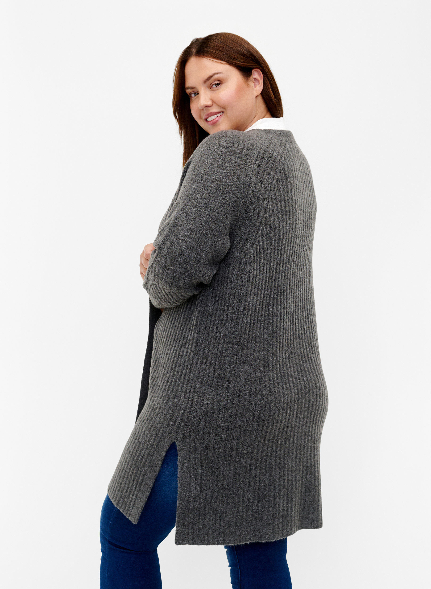 Zizzi Lang cardigan i ribbestrikk, Dark Grey Melange, Model image number 1