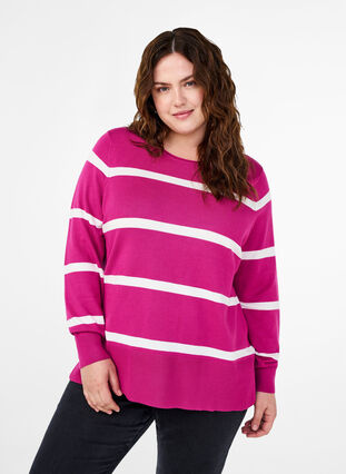 Zizzi Strikket viskosebluse med striper, Rosa, Model image number 0