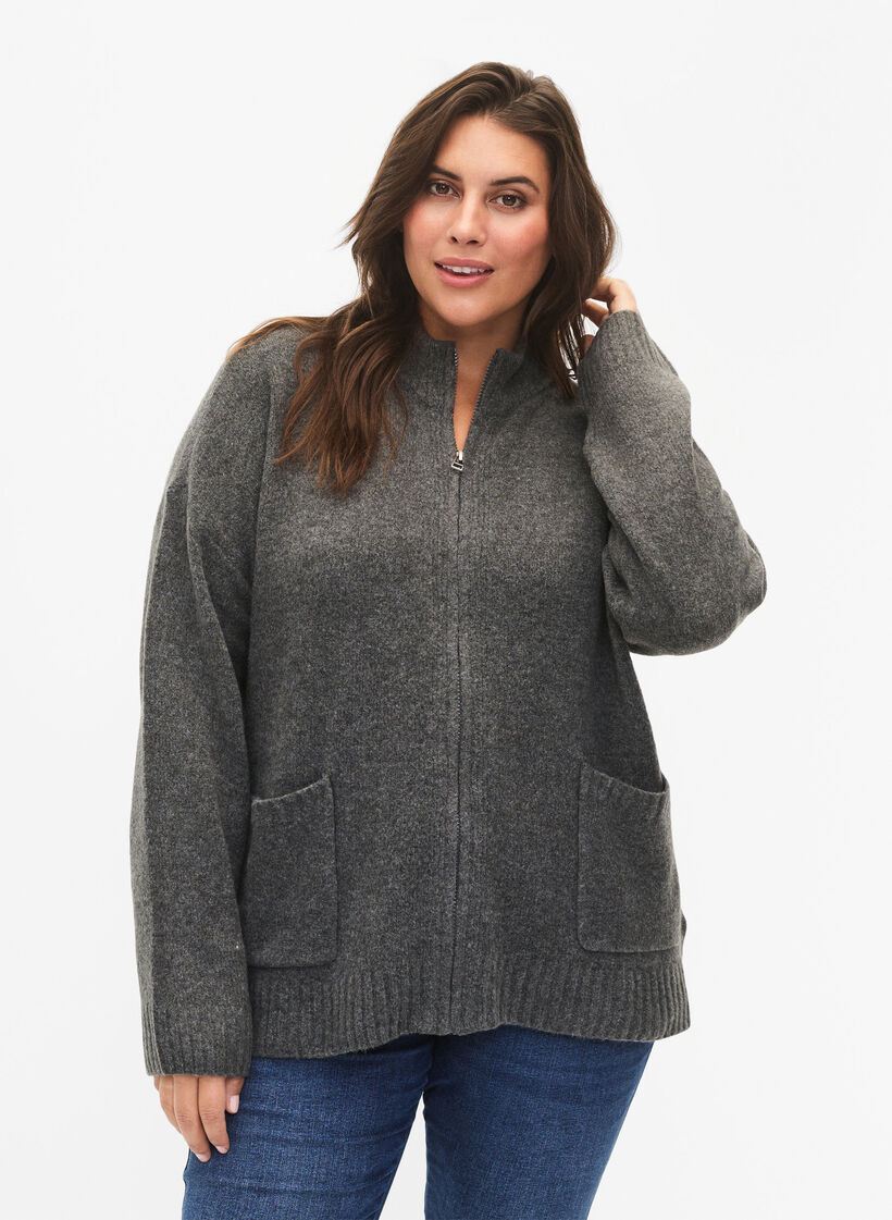 Strikket cardigan med glidelås og lommer, Dark Grey Melange, Model image number 0