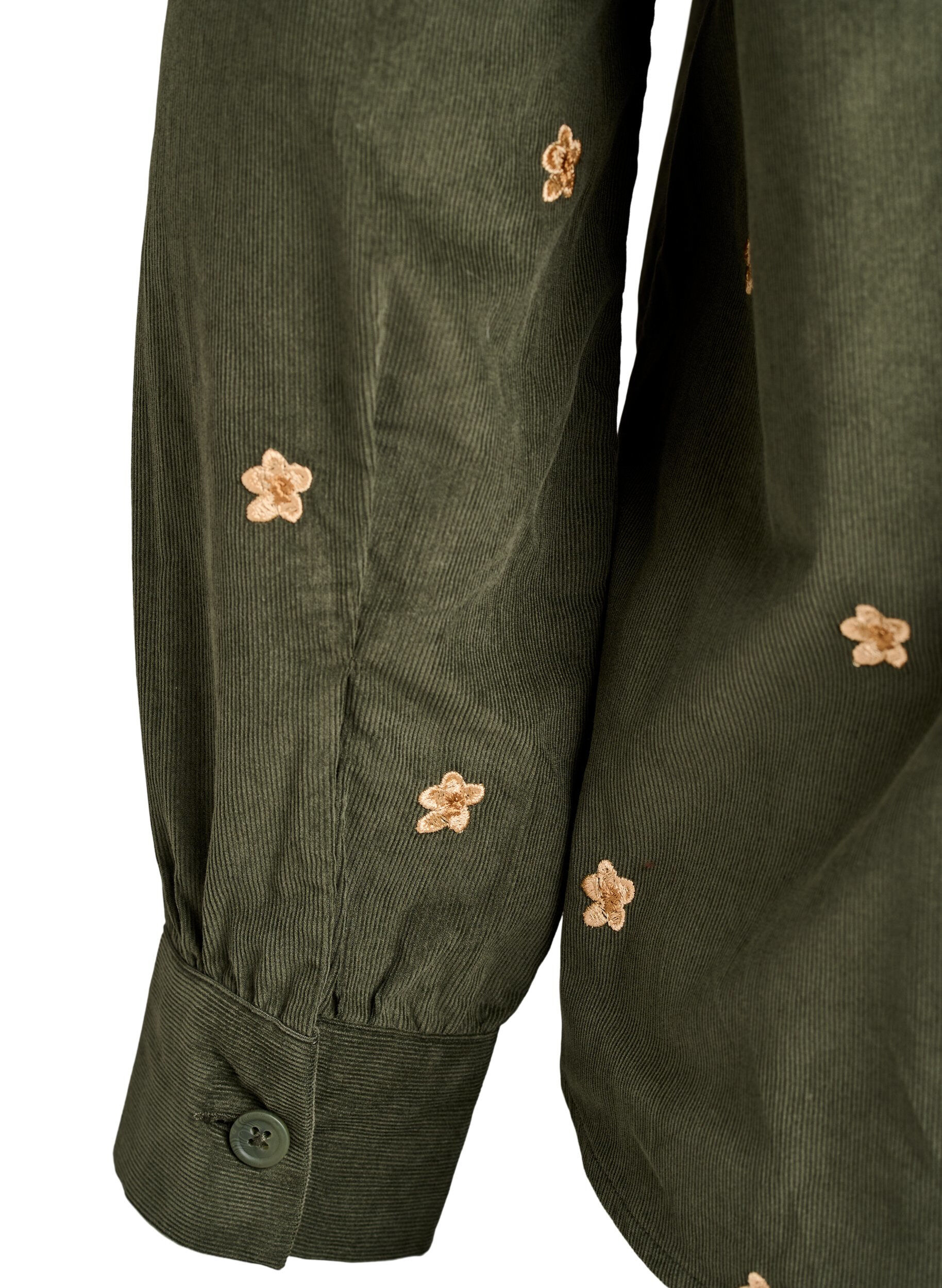 Zizzi Cordfl&oslash;yelskjorte med broderte blomster, Gr&oslash;nn, Packshot image number 3
