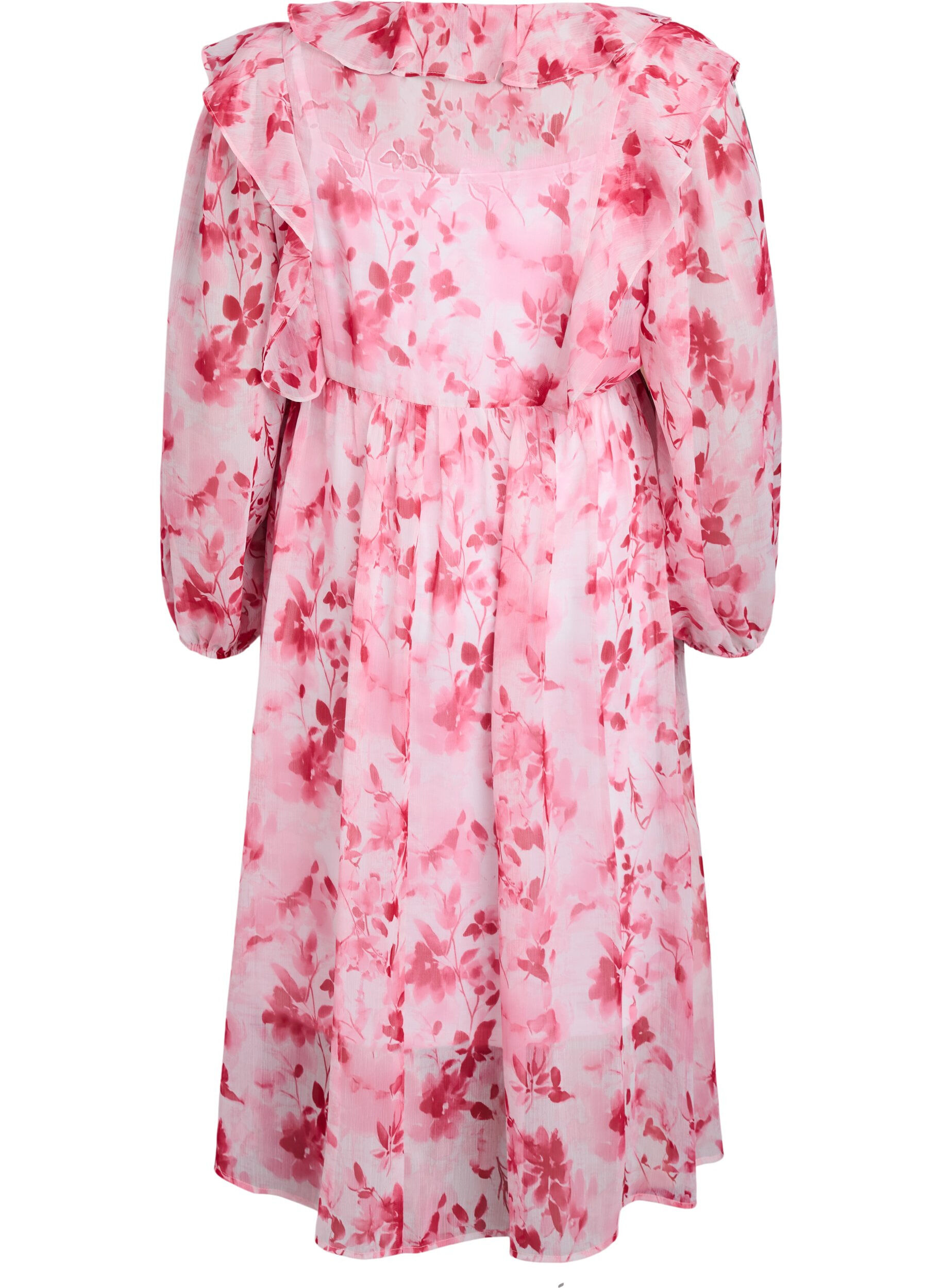 ZizziChiffonkjole med blomsterprint, volanger og lange ermer, Rosa, Packshot image number 1