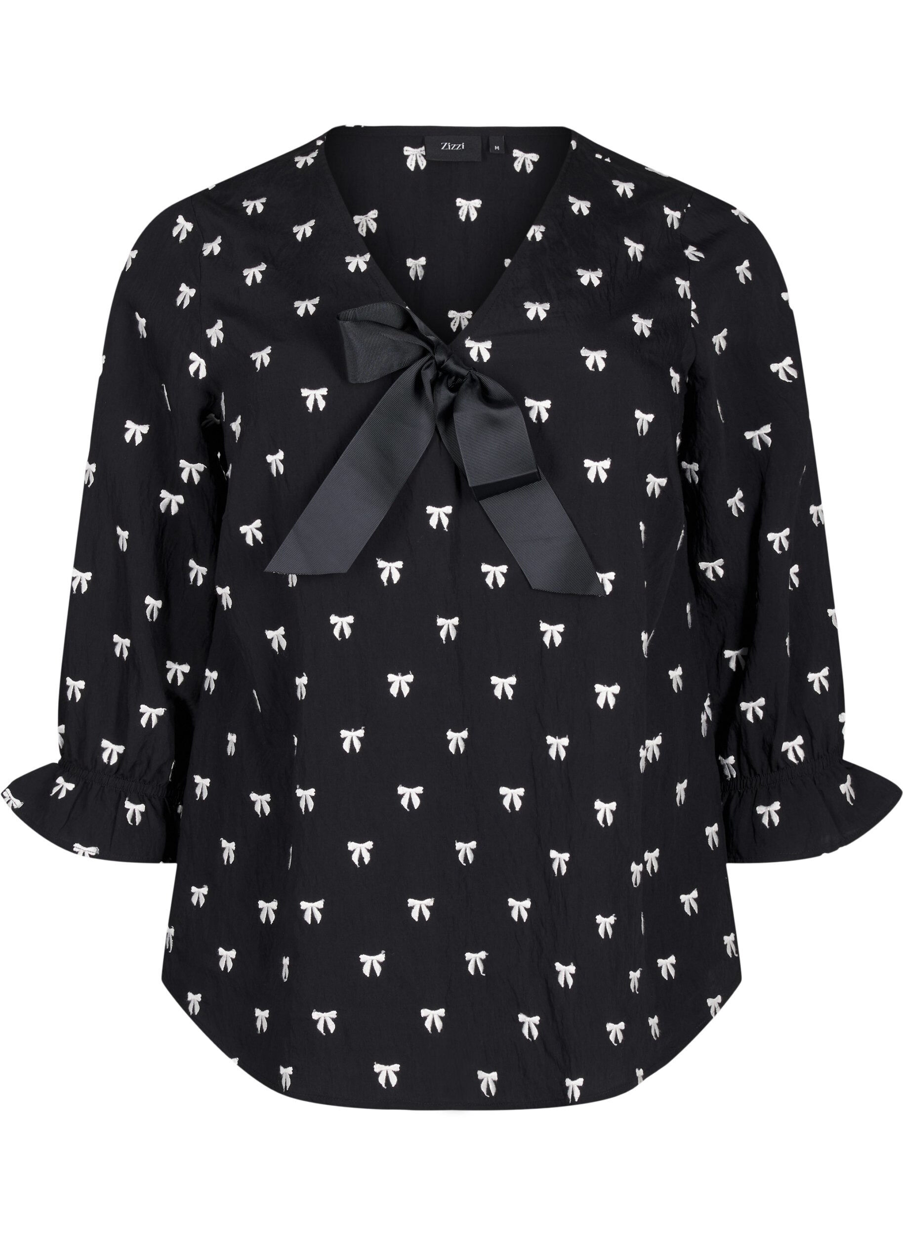Zizzi Bluse med sl&oslash;yfer og 3/4-ermer, Black White Bow, Packshot image number 0