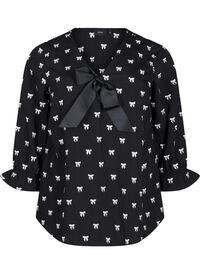 Bluse med sløyfer og 3/4-ermer, Black White Bow Bluse med sløyfer og 3/4-ermer