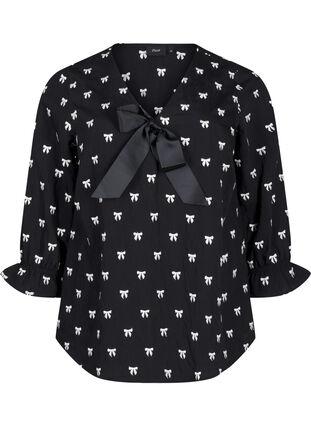 Zizzi Bluse med sløyfer og 3/4-ermer, Black White Bow, Packshot image number 0