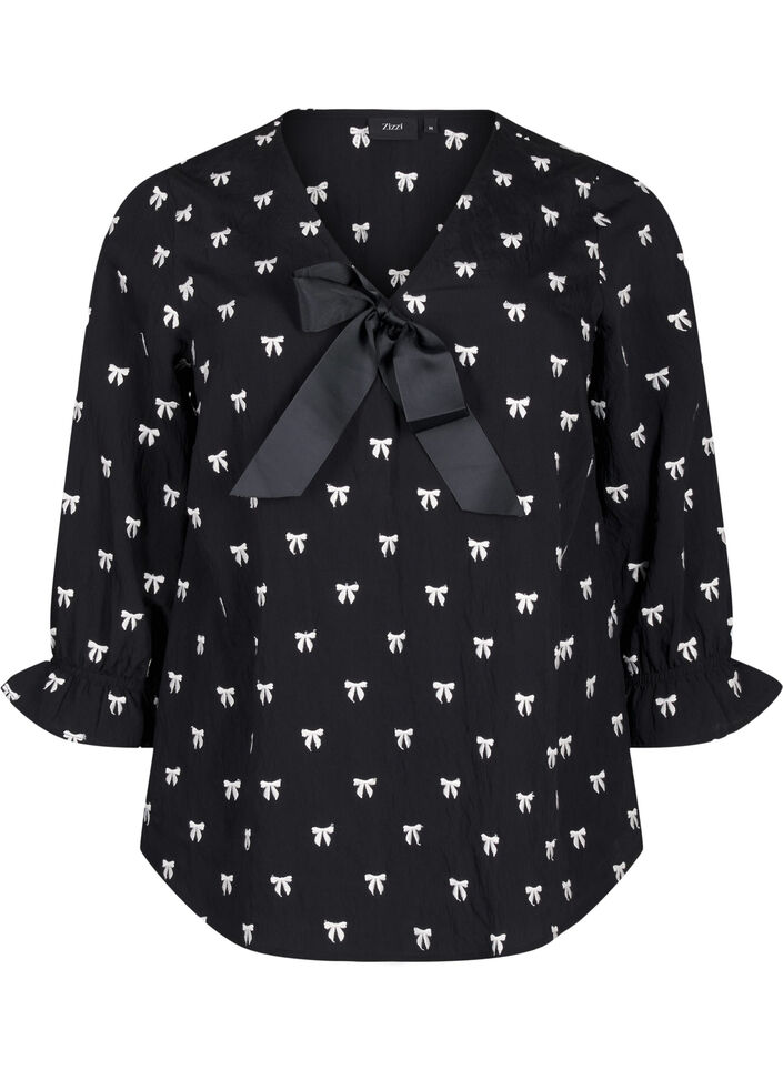 Bluse med sløyfer og 3/4-ermer, Black White Bow, Packshot image number 0