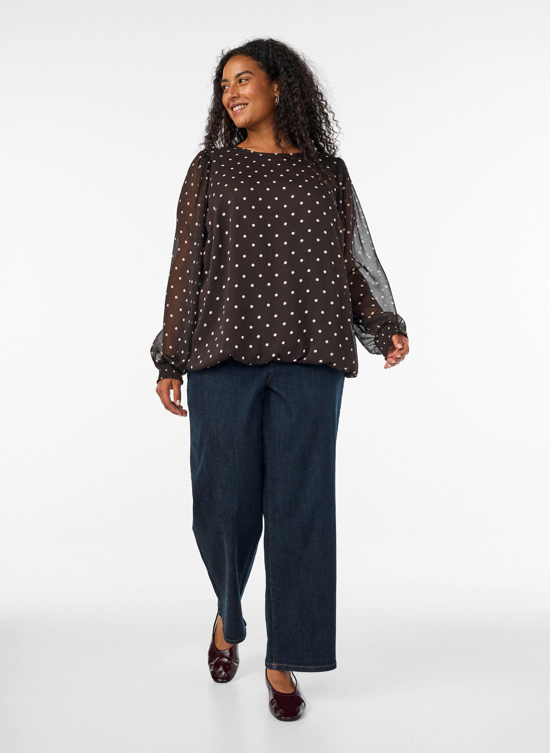 ZizziPrikket chiffonbluse med gjennomsiktige ermer, Brun, Model image number 1