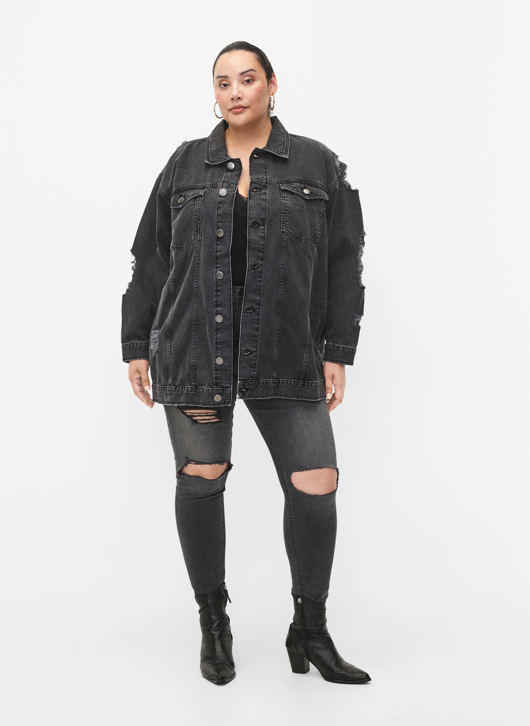 Zizzi L&oslash;s denimjakke med slitte detaljer, Dark Grey Denim, Model image number 3