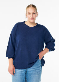 Strikkebluse med bølgete kanter, Blå Strikkebluse med bølgete kanter, Blå, Model