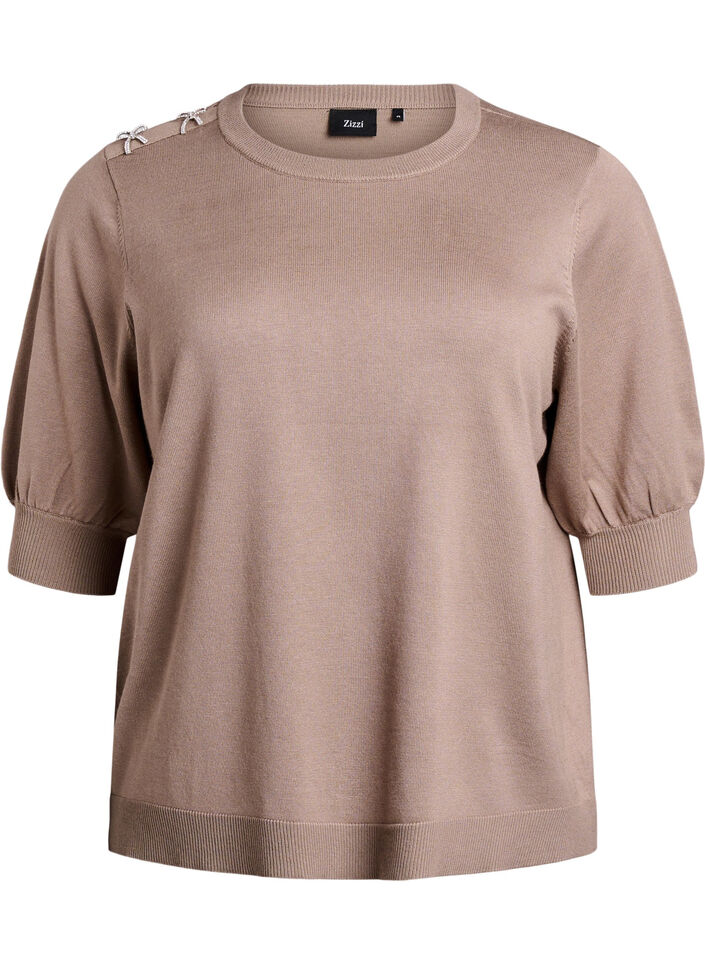 Strikket bluse med korte ermer og små sløyfer, Beige, Packshot image number 0