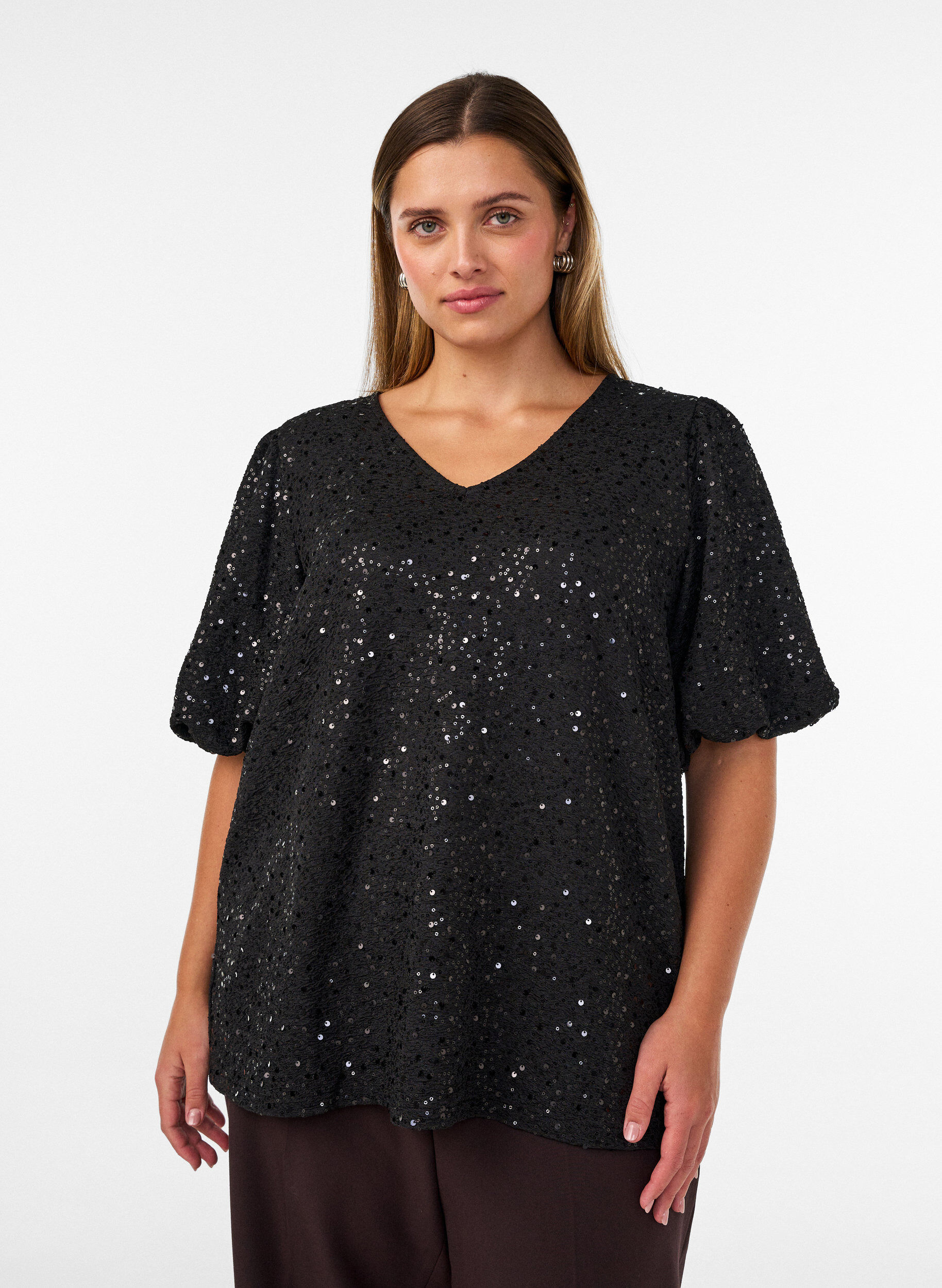 ZizziPaljettbluse med ballongermer, Svart, Model image number 0