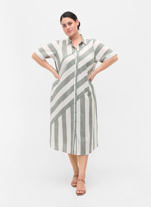 Kortermet skjortekjole i bomull med striper, Thyme Stripe, Model image number 2