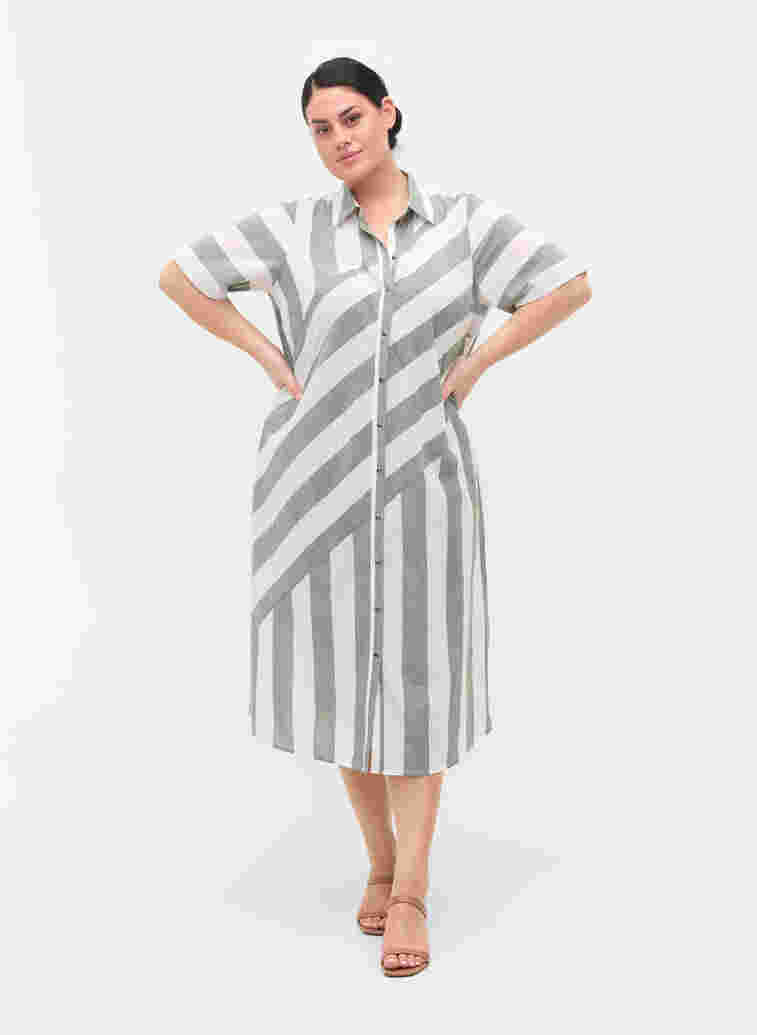 Kortermet skjortekjole i bomull med striper, Thyme Stripe, Model image number 2