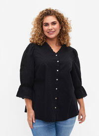 Strukturmønstret skjortebluse med engelsk broderi , Black, Model