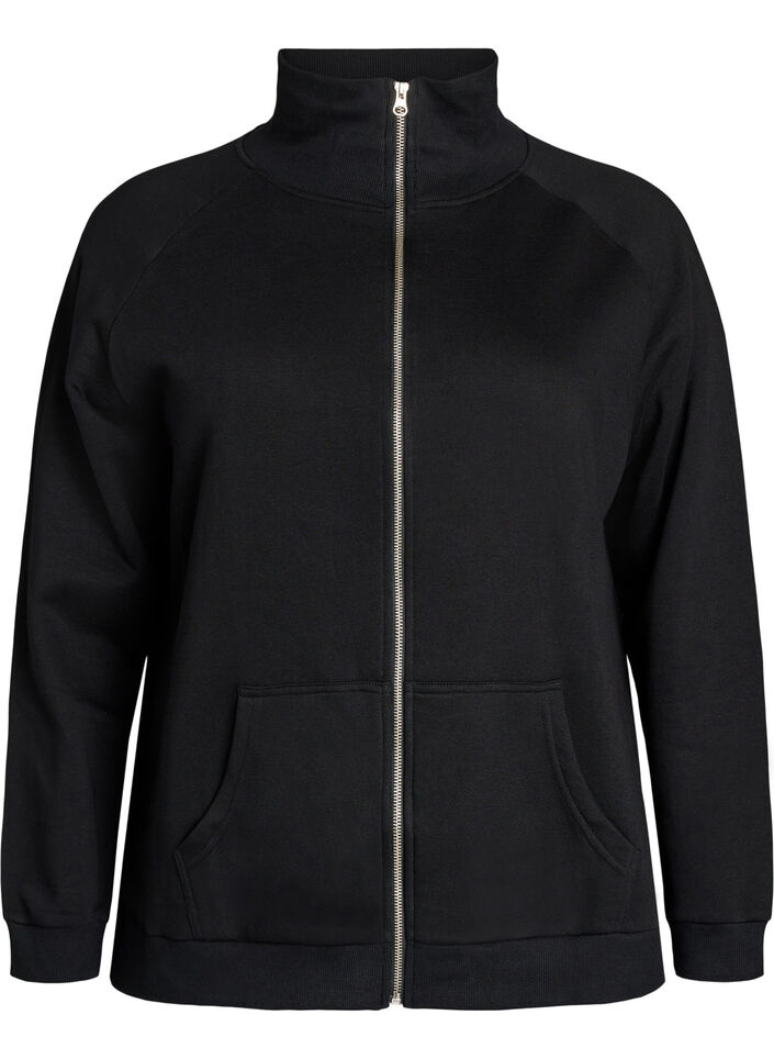 Sweat cardigan med h&oslash;y krage og glidel&aring;s, Svart, Packshot image number 0