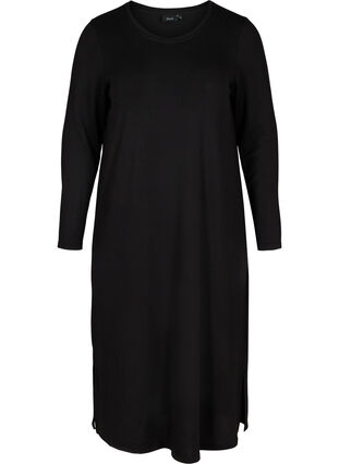 Ensfarget kjole med lange ermer og splitt, Black, Packshot image number 0
