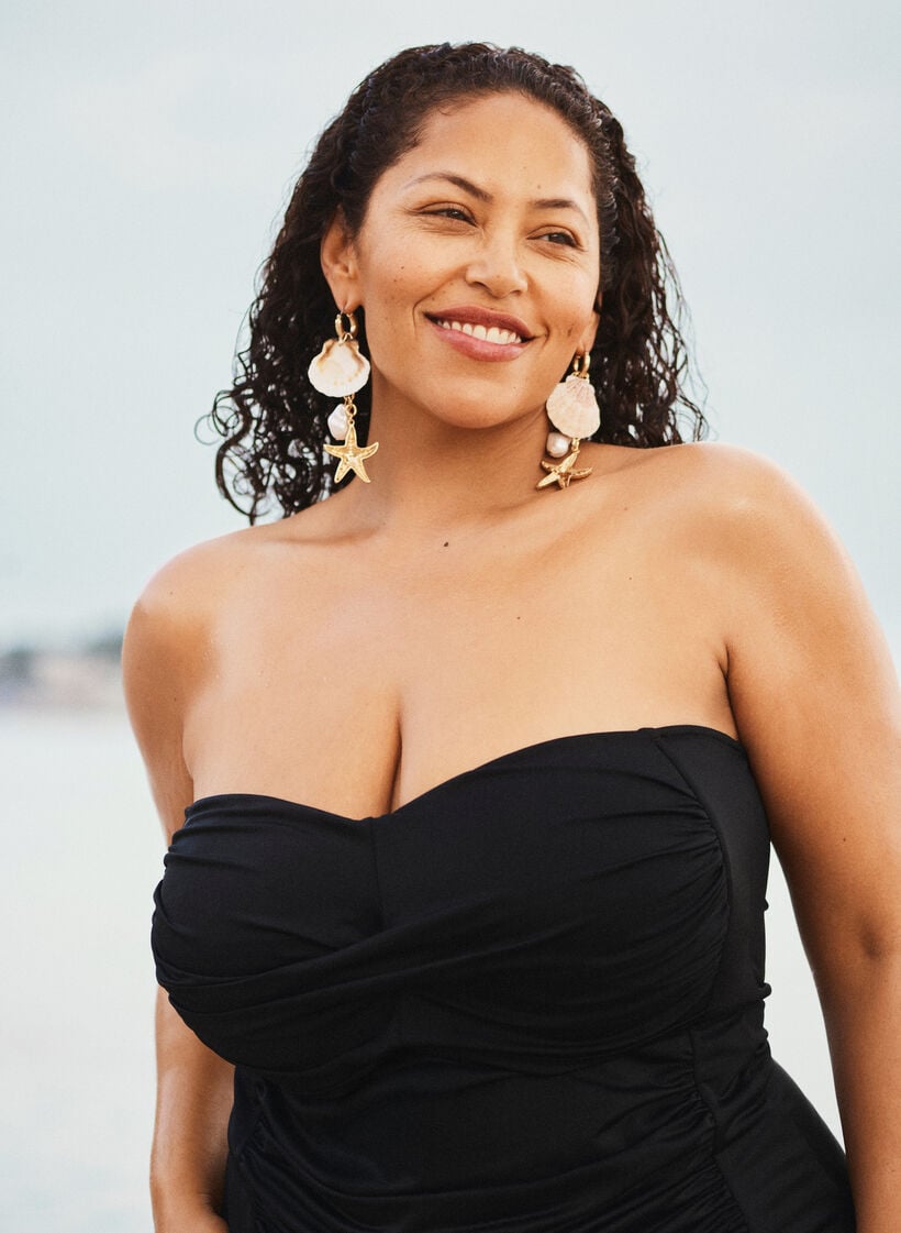 Stroppel&oslash;s badedrakt med drapering og polstrede sk&aring;ler, Svart, Image image number 0