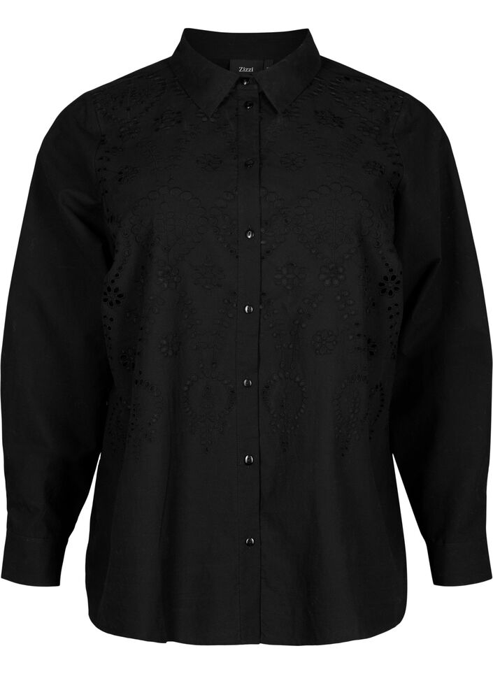 Bomullsskjorte med engelsk broderi, Black, Packshot image number 0