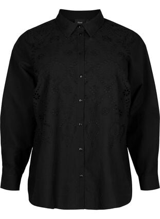 Bomullsskjorte med engelsk broderi, Black, Packshot image number 0