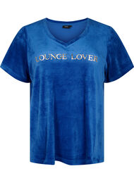 T-skjorte i velour med V-hals, Monaco Blue