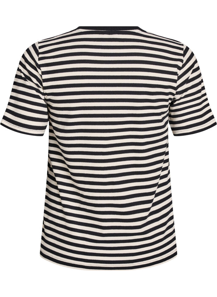 T-shirt med striper og ribbestrikket struktur, Svart, Packshot image number 1
