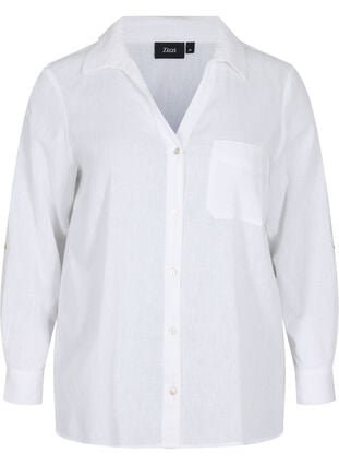 Skjortebluse med knappelukking i bomull-linblanding, White, Packshot image number 0
