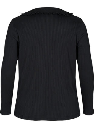 Langermet genser i ribbet struktur med volangkrage, Black, Packshot image number 1