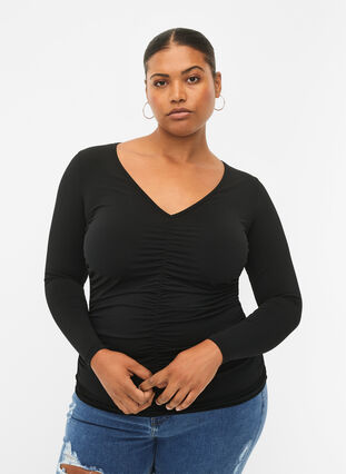 Bluse med v-hals og drapering, Black, Model image number 0