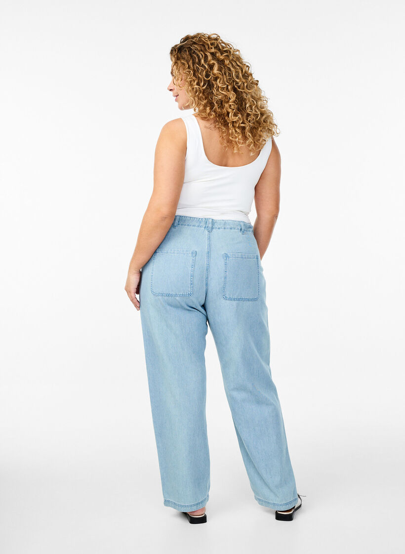 Høy midje jeans med knytebelte, Blå, Model image number 1
