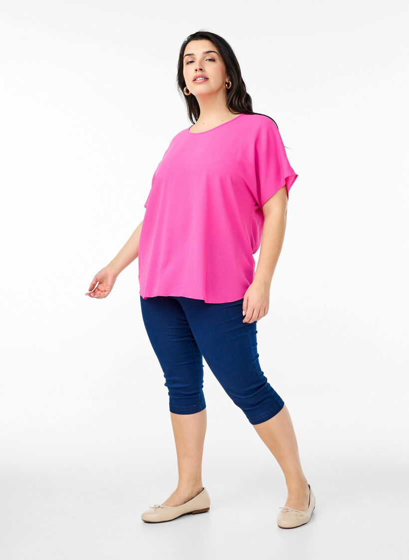 Bluse med korte ermer og rund hals, Rosa, Model image number 1
