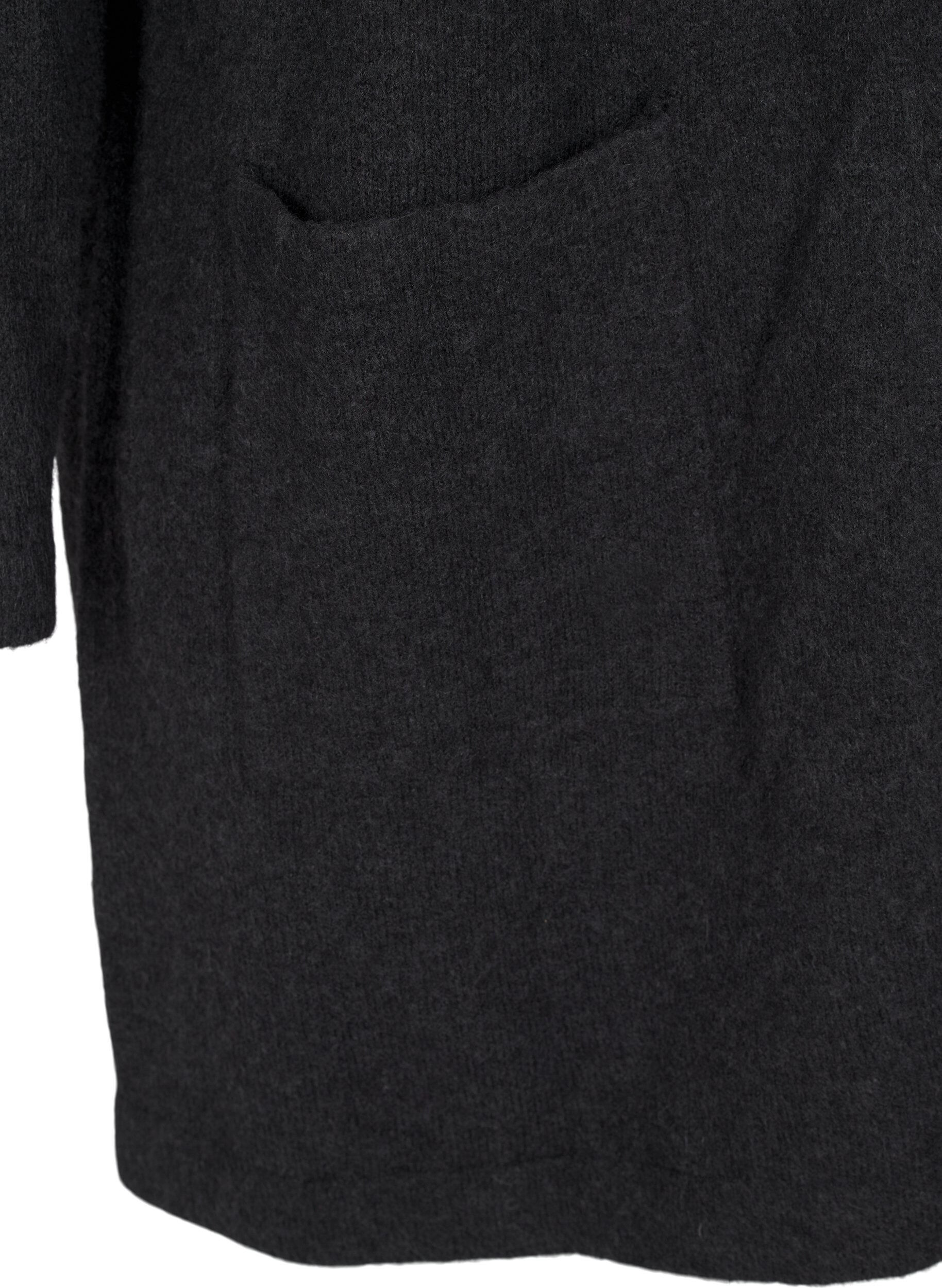 Zizzi Lang strikket cardigan med ull og hette, Dark Grey Melange, Packshot image number 3