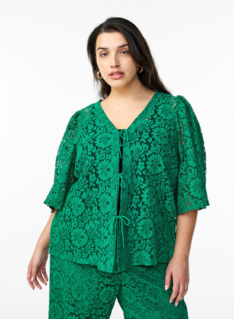 Bluse med blonder, 3/4 ermer og sløyfer foran, Grønn, Model image number 0
