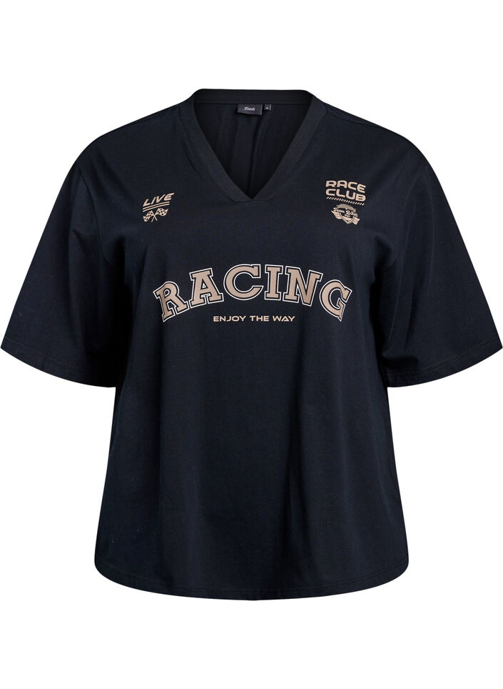 Oversized T-skjorte med Racing-trykk, Svart, Packshot image number 0