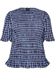 Bluse med smock, gingham-m&oslash;nster og rysjekant, Bl&aring;