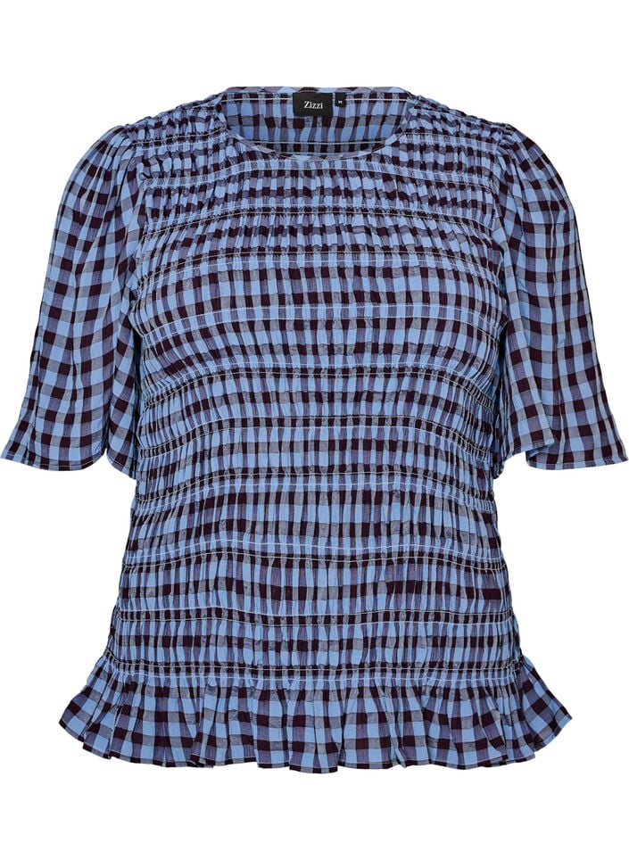 Bluse med smock, gingham-m&oslash;nster og rysjekant, Bl&aring;, Packshot image number 0
